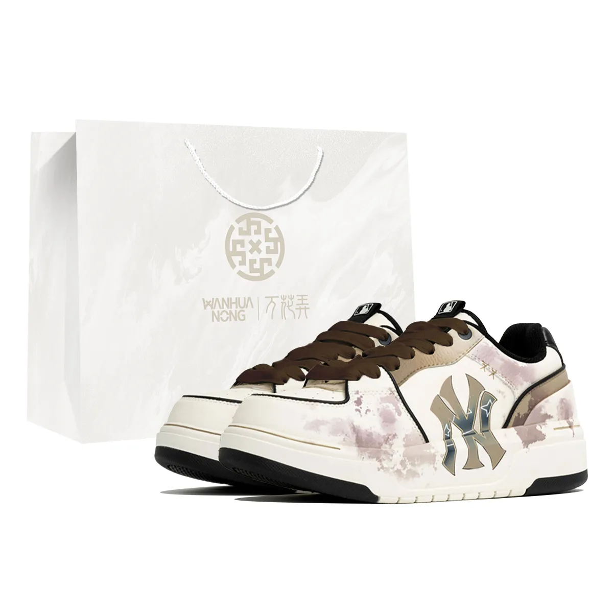 MLB Chunky Liner PU Wan Hua Nong, Brown, Shopping Bag Abrasion Resistant Low top Skateboard Shoes Unisex