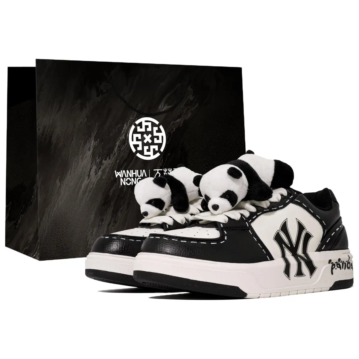 MLB Chunky Liner PU Multiflower, Panda Black, Shopping Bag Abrasion Resistant Low top Skateboard Shoes Unisex