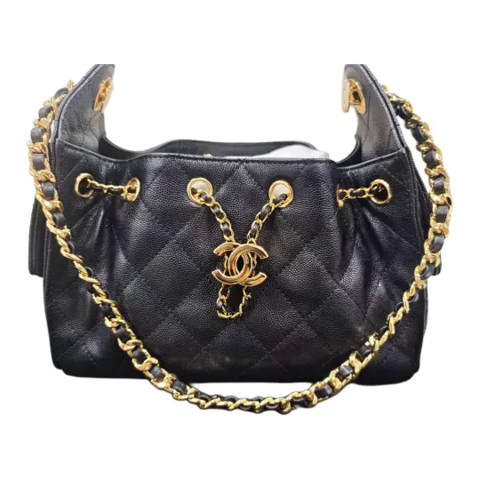 CHANEL Сумка Chanel 25Сумка 26A с золотой этикеткой и двойным логотипом C с бриллиантовой кожаной цепочкой из зернистой телячьей кожи Сумка в стиле хиппи Сумка через плечо Мини-женская черная