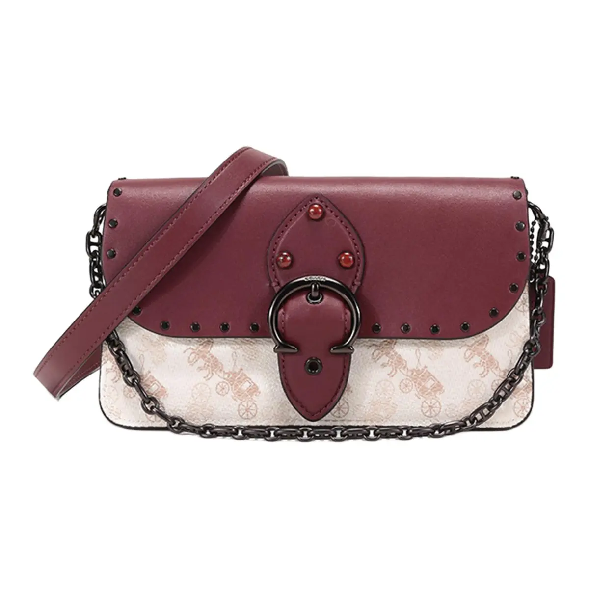 COACH Leather Chain Bag, Shoulder Bag Small Women's Burgundy Chalk White