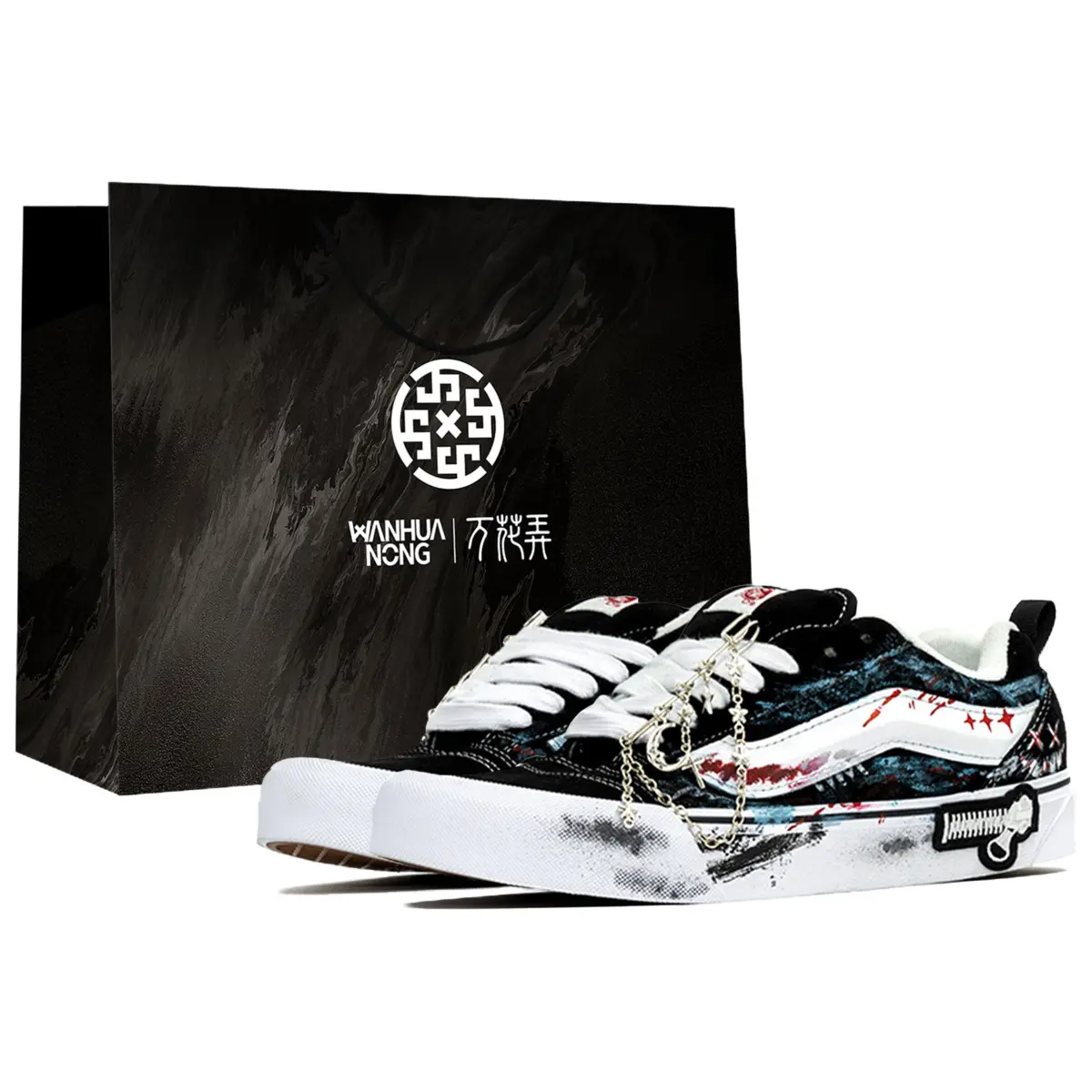 Vans Knu Skool Kaleidoscope, Cracks, Shopping Bag Low top Skateboard Shoes Unisex Black White