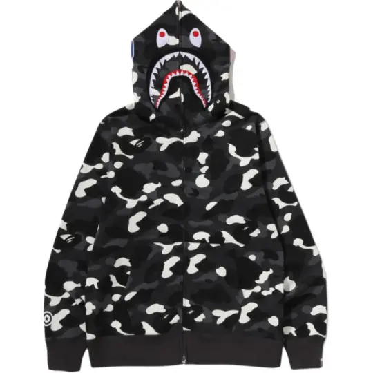 A BATHING APE SS26 Американская модная городская камуфляжная толстовка с длинными рукавами и капюшоном обычного кроя со светящимся дизайном акулы для мужчин и женщин.