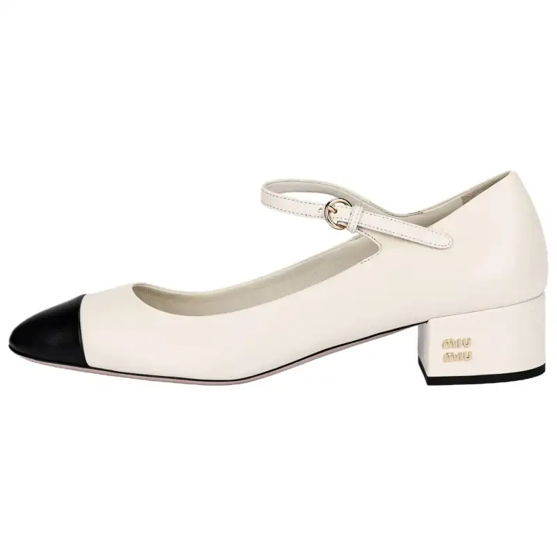 MIU MIU Leather Chunky Heel High Heels 3.5cm Women's Beige Black