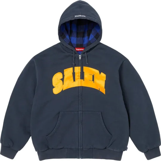 Supreme × SALEM совместная модель SS26 WEEK12 Толстовка с капюшоном на молнии. Толстовка с капюшоном и молнией на клетчатой ​​подкладке для мужчин и женщин.