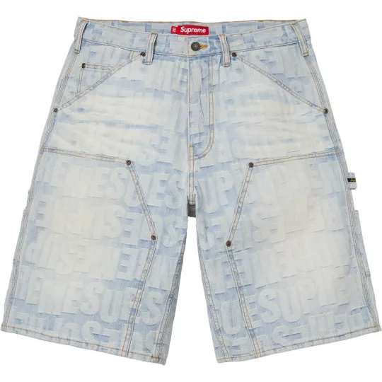 Supreme SS26 WEEK12 Жаккардовые короткие джинсовые шорты с двойным коленом и тиснением, джинсовые шорты с двойным коленом, сращенные с заклепками, одинаковый стиль для мужчин и женщин