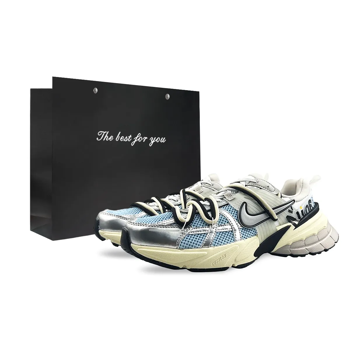 Nike V2K Run Textile, Leather Cushioning Slip Resistant Low top Running Shoes Women's Blue Gray