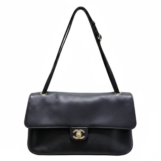 CHANEL Chanel 26S Классическая сумка на плечо из зерненой телячьей кожи с золотой пряжкой и двойным логотипом C, большая женская черная сумка