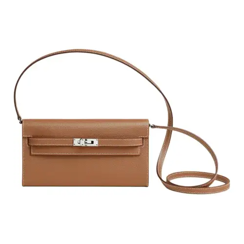 HERMES Kelly To Go Silver Tone Buckle Evercolor Leather Crossbody Wallet Regular Women's 37 Gold Brown