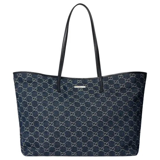 GUCCI Tribeca Double G Logo Потертая фурнитура палладиевого тона большая джинсовая сумка на плечо, большая женская темно-синяя