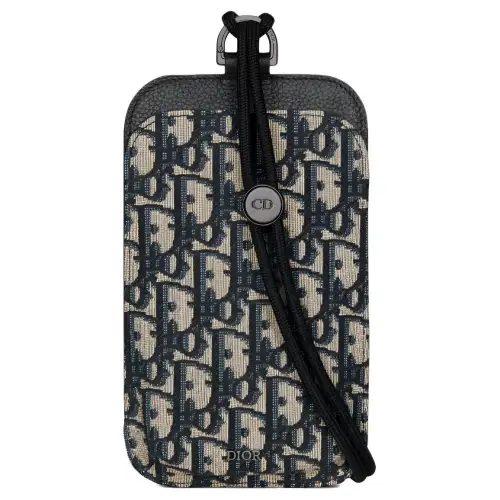DIOR Oblique Jacquard Canvas With Grainy Calfskin One Shoulder Crossbody Cell Phone Pouch Men's Beige & Black