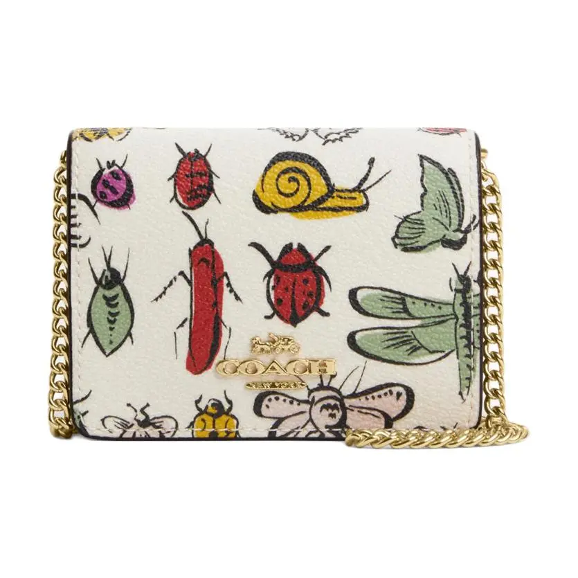 COACH Chain Coated Canvas With Smooth Leather Shoulder Bag, Crossbody Bag Wallets Women's Gold & Chalk Multicolor