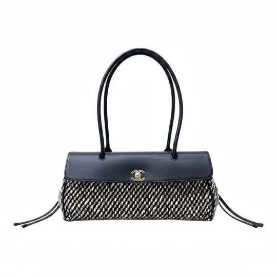 CHANEL Chanel 26S Классический двойной логотип C Золотой металлический багет из твида и смешанного волокна и коровьей кожи Сумка на плечо под подмышкой Женский стиль Черно-белый Коричневый Сращивание