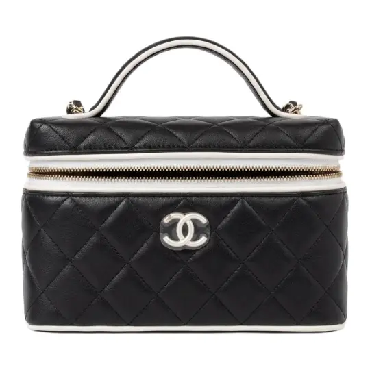 CHANEL Chanel 26S Gold Label Double C Logo Кожаная цепочка с бриллиантами Сумка-коробочка из овчины Косметичка Женская панда Черно-белый цвет Соответствие цветов