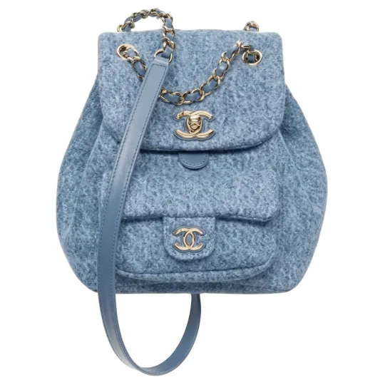 CHANEL Chanel 26A Advanced Handmade Workshop Series Золотая этикетка с двойным логотипом C Кожаная цепочка Джинсовый деним с золотистым металлическим рюкзаком Маленький женский синий