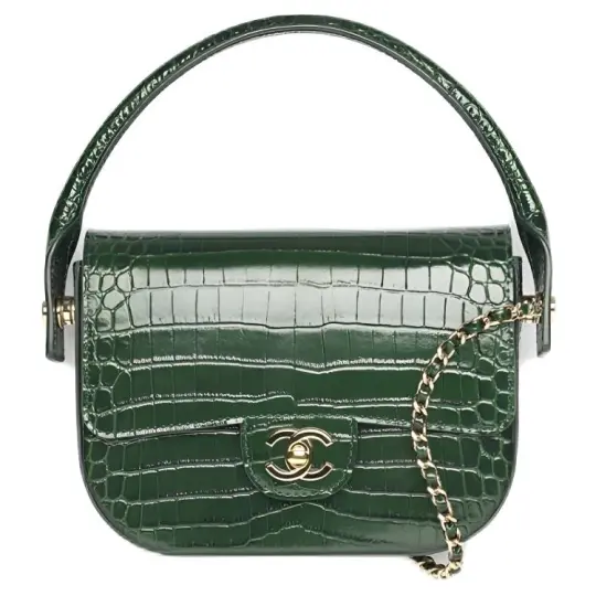 CHANEL Chanel 26A Advanced Handmade Workshop Золотая этикетка с двойным логотипом C Кожаная цепочка с текстурой крокодиловой кожи Тисненая телячья кожа и золотистая металлическая сумка с клапаном Сумка Мини женская, зеленая