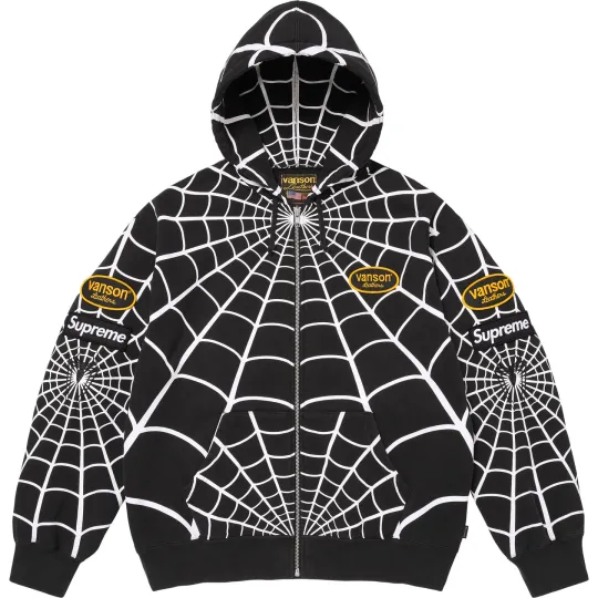 Совместная модель Supreme × vanson Leathers x Spider-Man SS26 WEEK14 Толстовка с капюшоном на молнии Толстовка с капюшоном на молнии с узором в виде паутины, одинаковый стиль для мужчин и женщин