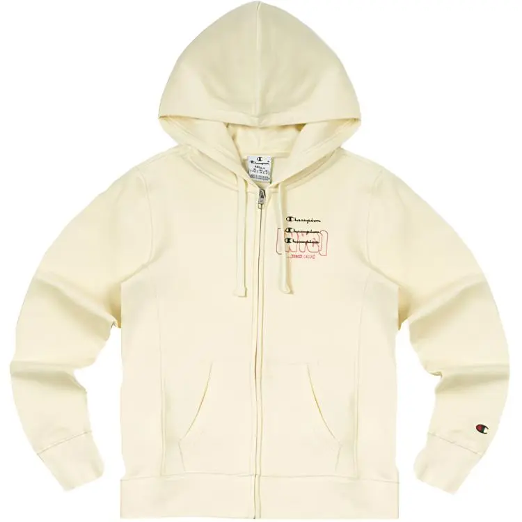 Champion Printed Script Logo Zippers Fleece Lined Sweatshirt Coat Women's Ecru