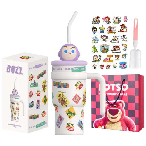 Disney Disney, toy, thermos, strawberry with animals, cartoon cute high quality doll, capacious straw with glass, 700 ml