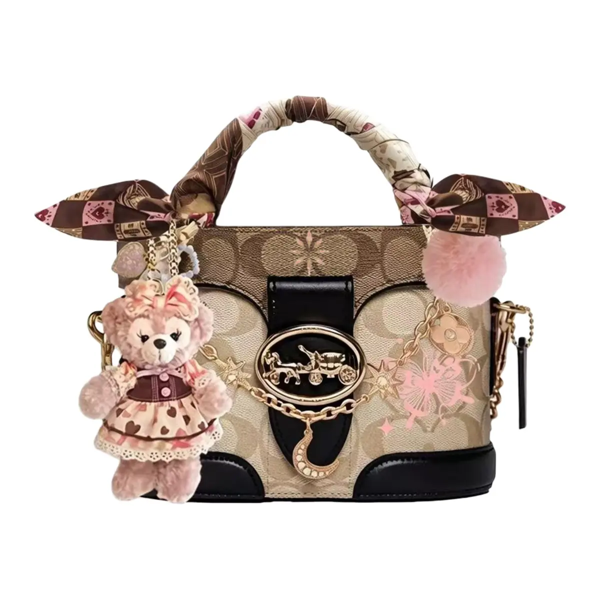 COACH Georgie Cow Leather Wind Cotton, Hand Drawn Barcelona Bear Collection, Bear Accessory, One Shoulder