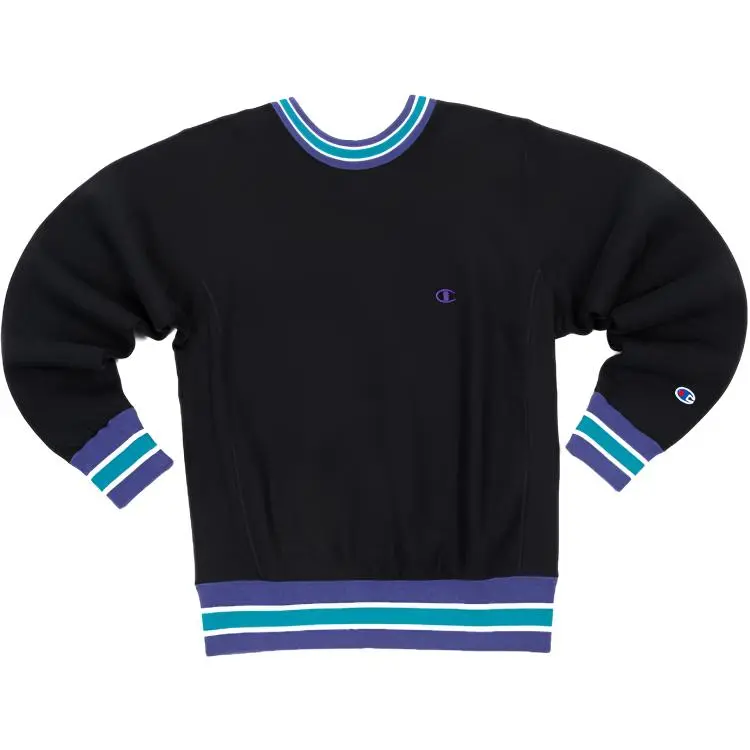 Champion Embroidery Small Logo Color Block Stripes Fleece Lined, Japan Version, Winter Sweatshirt Men's Black