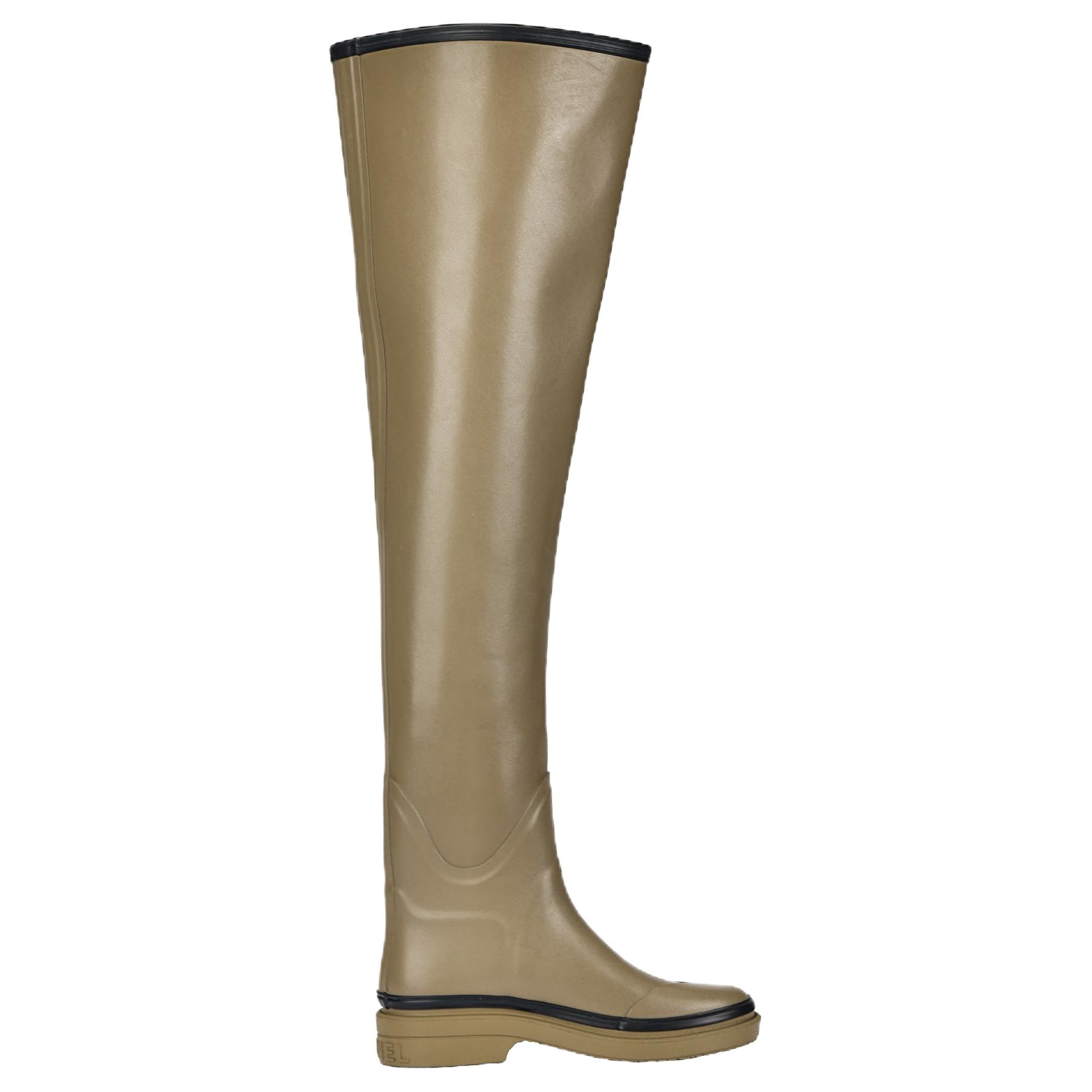 CHANEL Knee high Boots Women's Dark Beige