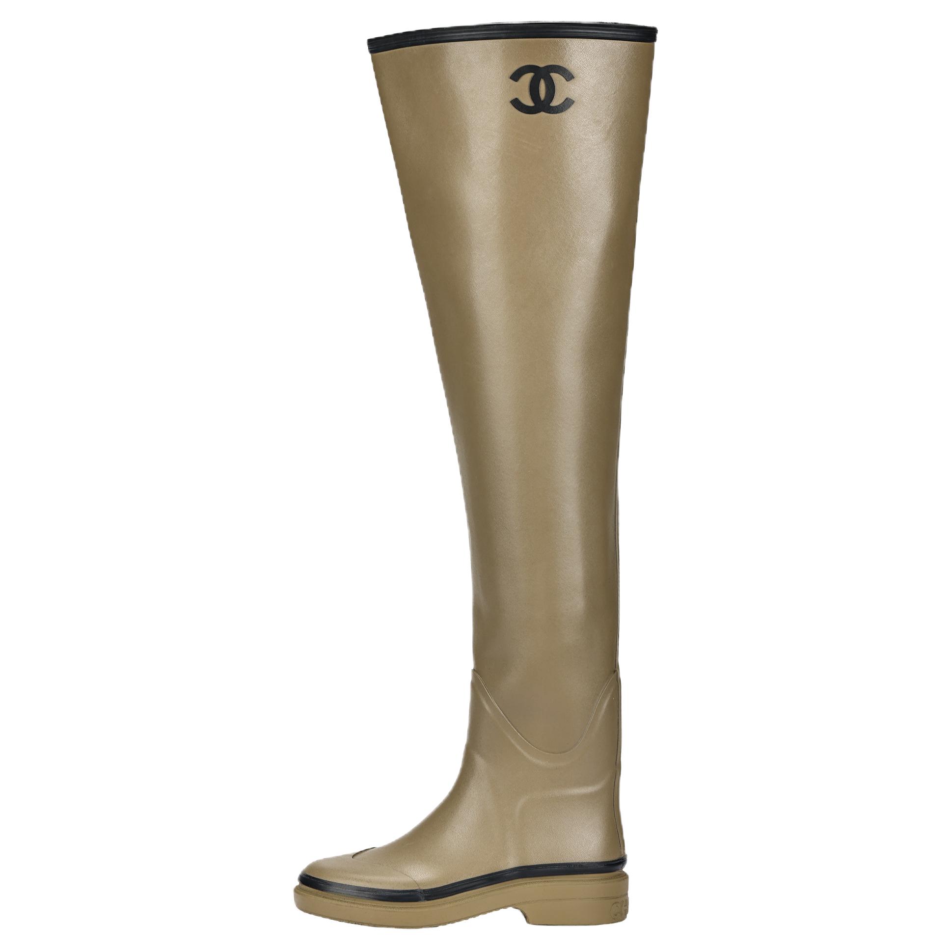 CHANEL Knee high Boots Women's Dark Beige