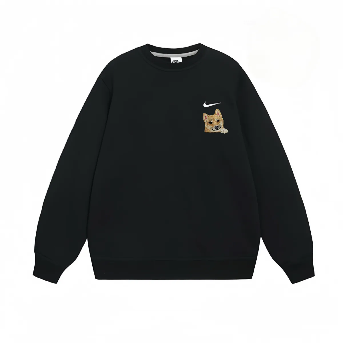 Nike Fleece Lined Cute Puppy Shiba Inu Embroidery Logo Print Crew Neck Long Sleeved Pullover Sweatshirt Unisex Black