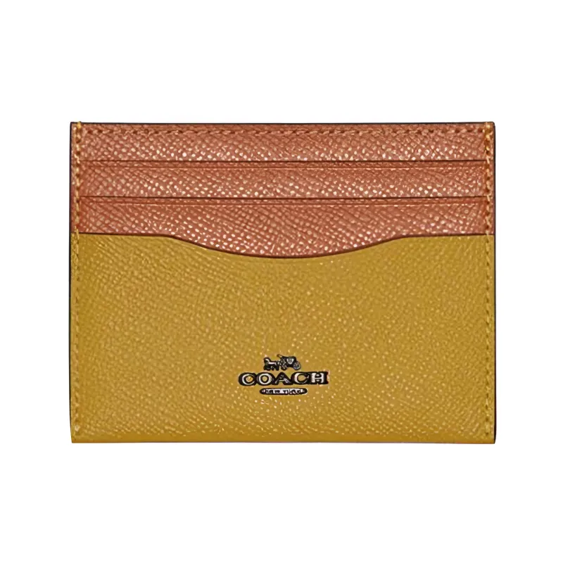 COACH Card Case Leather Coin Purse, Card Holder Women's Brown & Linen Yellow