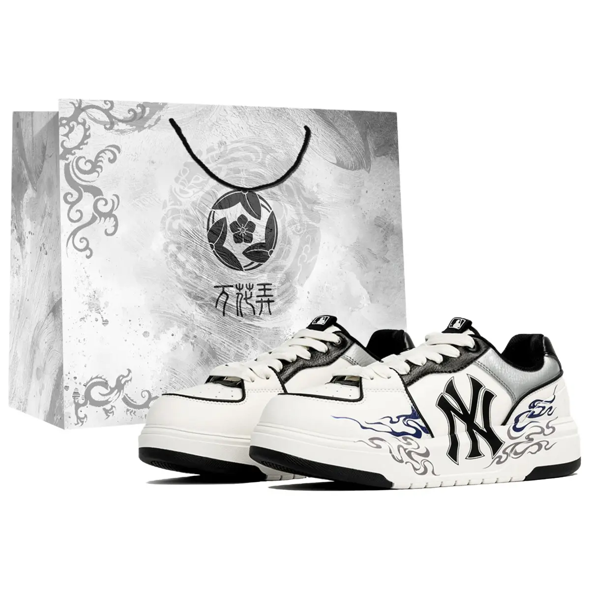 MLB Chunky Liner PU Kaleidoscope, Jingliu, Shopping Bag Abrasion Resistant Low top Skateboard Shoes Unisex Black White