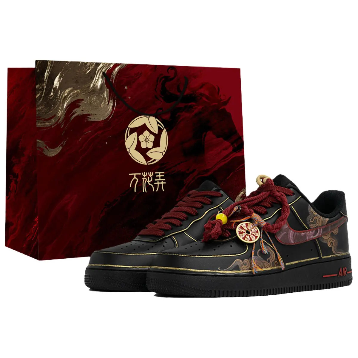Nike Air Force 1 Kaleidoscope, Year, Shopping Bag Abrasion Resistant Low top Skateboard Shoes Unisex Black Red