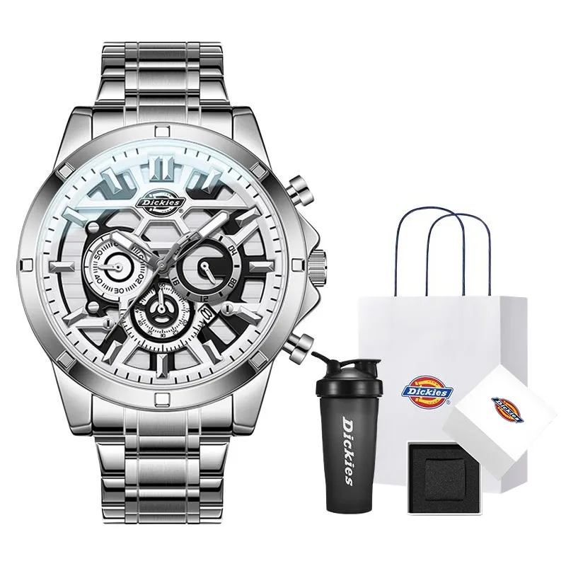 Dickies Multifunction Men's Watch Wrist Watches Quartz Movement Steel Strap White Dial Unisex Mechanical Box