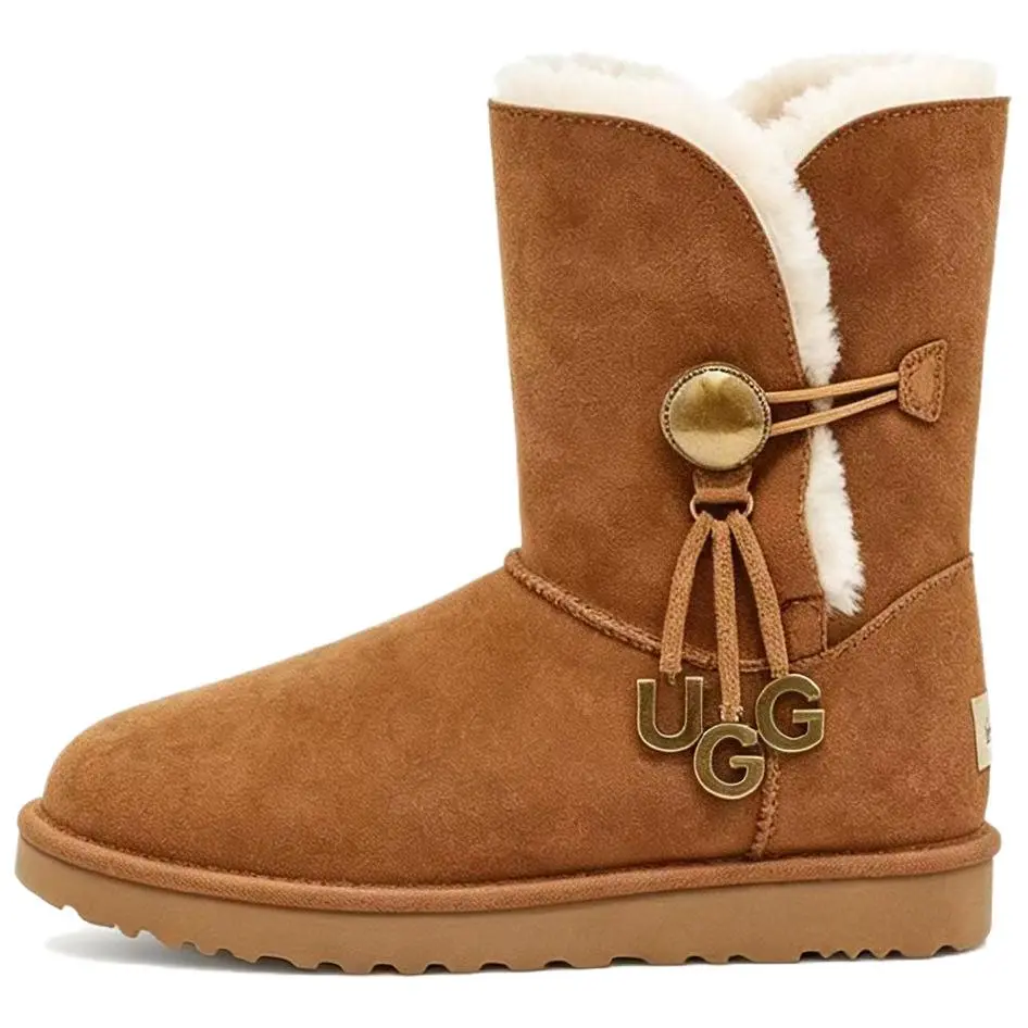 UGG Bailey Button Ugg Charm Cow Suede Thermal Slip Resistant Crew Snow Boots Women's Brown