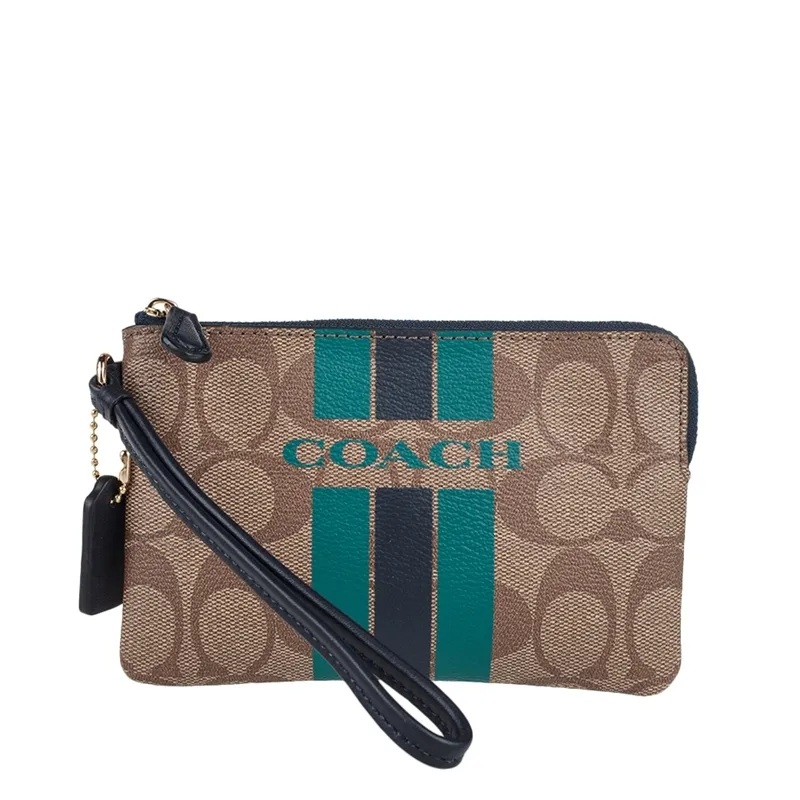 COACH Corner Zip Coated Canvas With Artificial Leather Clutches Small Women's Khaki & Midnight Blue