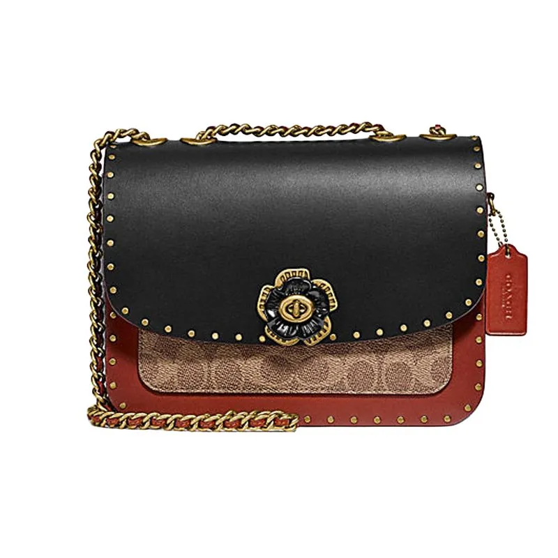 COACH Madison Calfskin With Coated Canvas And Snake Leather Crossbody Bags Medium Women's Black Red Multicolor