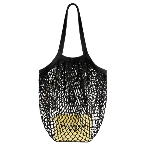 Balenciaga Nylon Fishnet With Webbing Handbag Shoulder Bags Medium Women's Black & Yellow