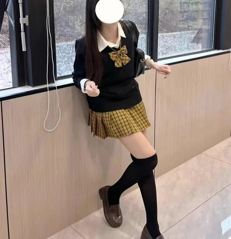 ZVJH Черный Свитер+Рубашка+Короткая Юбка+Шарф Женские Комплекты с Юбкой