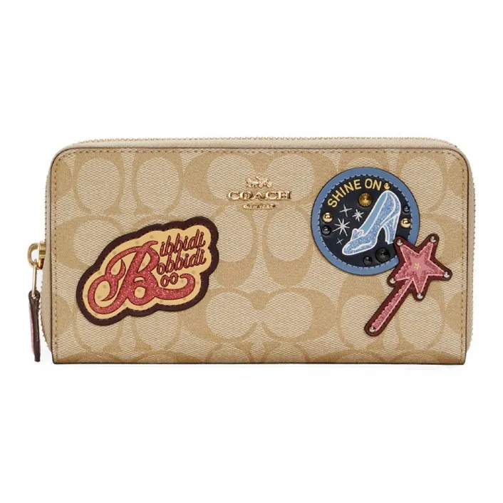 COACH Disney Cinderella Collaboration Accordion Zip Canvas With Leather Wallet Women's Khaki