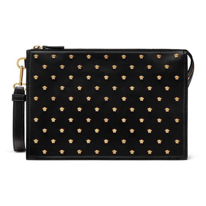 VERSACE Leather Handheld Handbag Men's Black