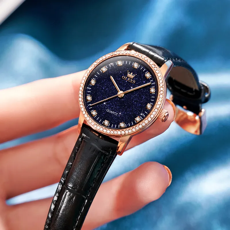 OLEVS Кварцевый механизм кожаный ремешок женские часы черный циферблат