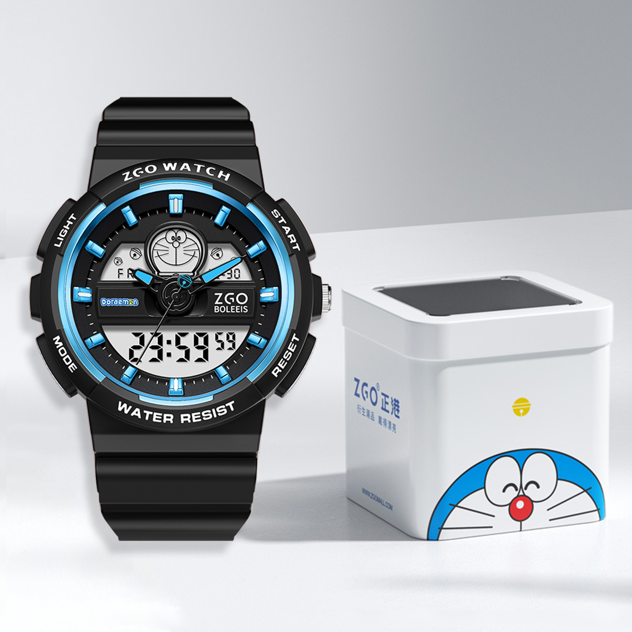 Authentic ZGO x Clearance Doraemon co-branded sports watch for junior and senior high school students, attractive and cute, simple casual versatile gift box version, electronic movement, domestic brand, unisex model, pink dial, 50 meters water resistant