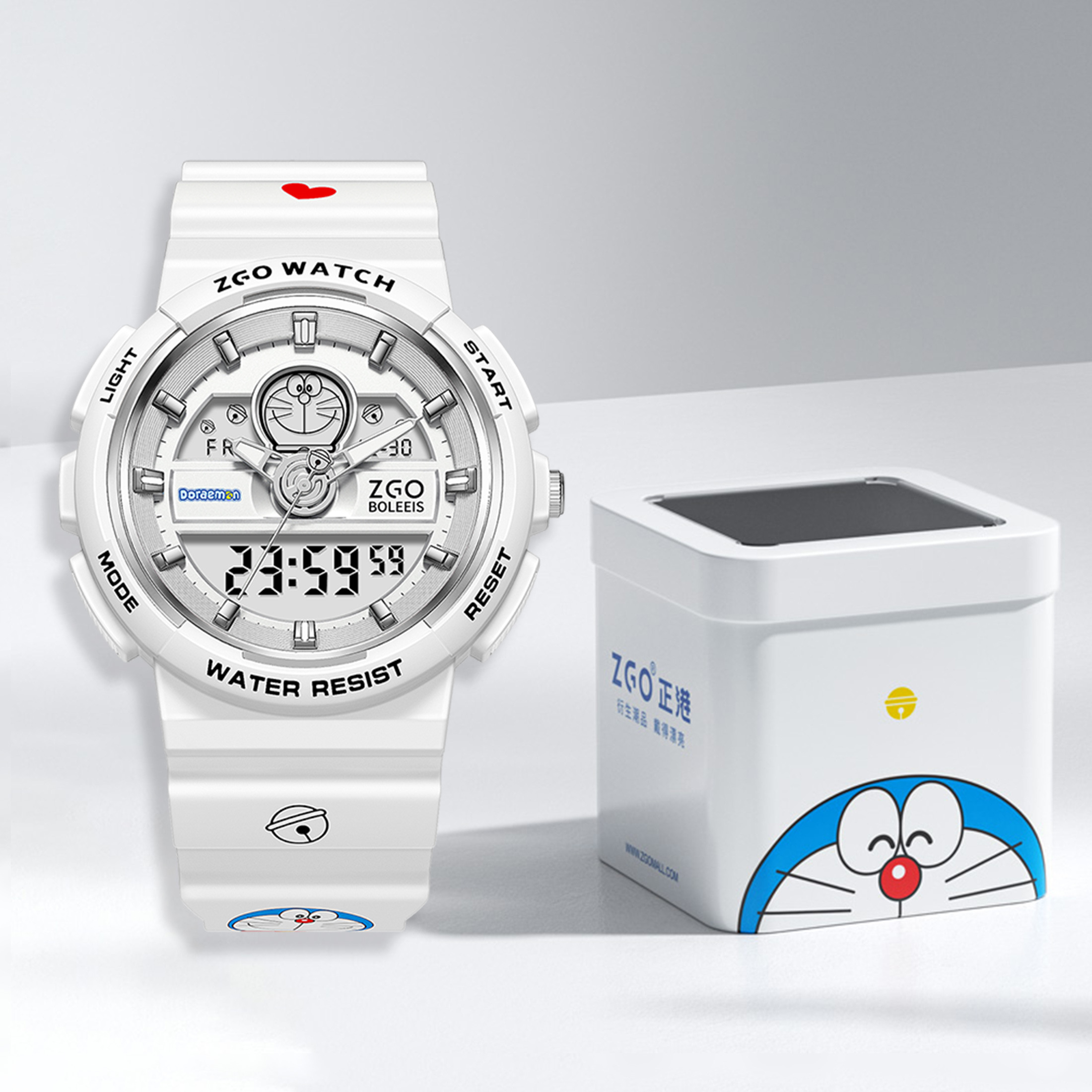Authentic ZGO x Clearance Doraemon co-branded sports watch for junior and senior high school students, attractive and cute, simple casual versatile gift box version, electronic movement, domestic brand, unisex model, pink dial, 50 meters water resistant