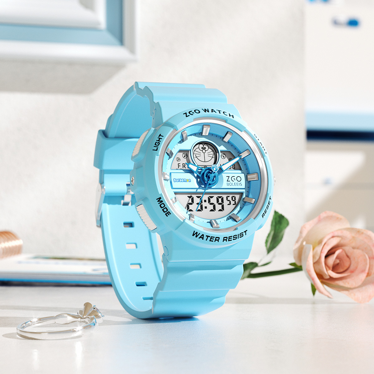 Authentic ZGO x Clearance Doraemon co-branded sports watch for junior and senior high school students, attractive and cute, simple casual versatile gift box version, electronic movement, domestic brand, unisex model, pink dial, 50 meters water resistant
