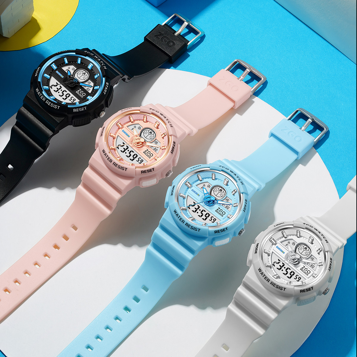 Authentic ZGO x Clearance Doraemon co-branded sports watch for junior and senior high school students, attractive and cute, simple casual versatile gift box version, electronic movement, domestic brand, unisex model, pink dial, 50 meters water resistant