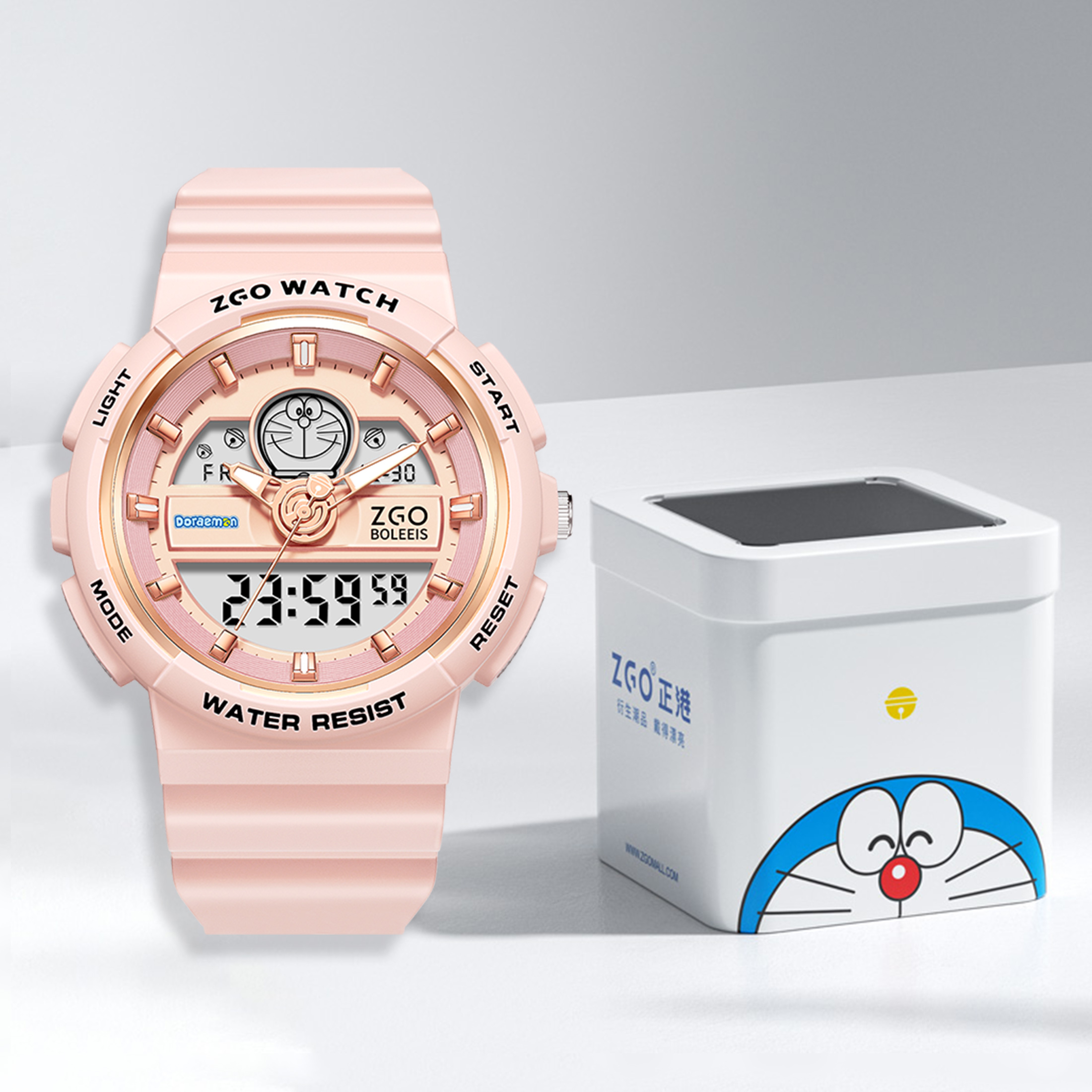 Authentic ZGO x Clearance Doraemon co-branded sports watch for junior and senior high school students, attractive and cute, simple casual versatile gift box version, electronic movement, domestic brand, unisex model, pink dial, 50 meters water resistant