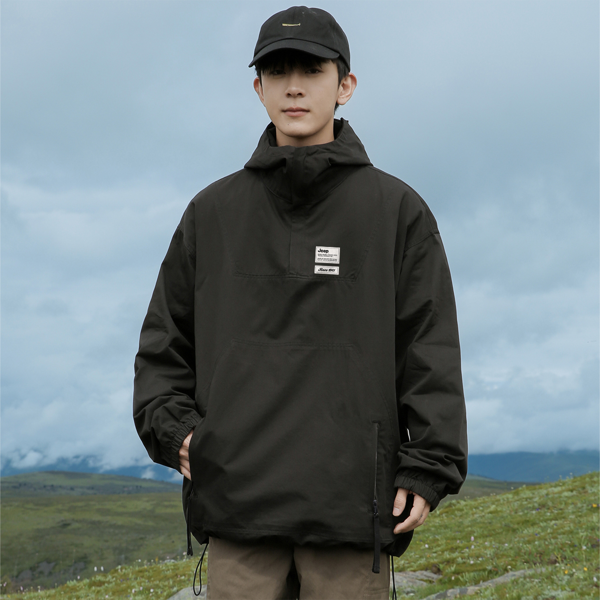 Jeep Lifestyle half-zip American-style pullover hoodie with letter brand logo print, outdoor pure cotton, vintage classic, commuter, long sleeve, loose, versatile American-style work sweatshirt, unisex
