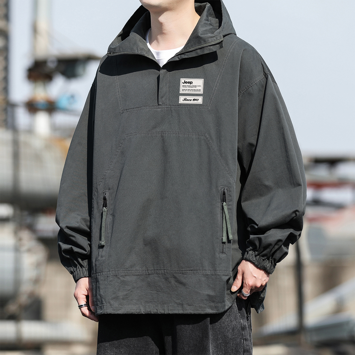 Jeep Lifestyle half-zip American-style pullover hoodie with letter brand logo print, outdoor pure cotton, vintage classic, commuter, long sleeve, loose, versatile American-style work sweatshirt, unisex