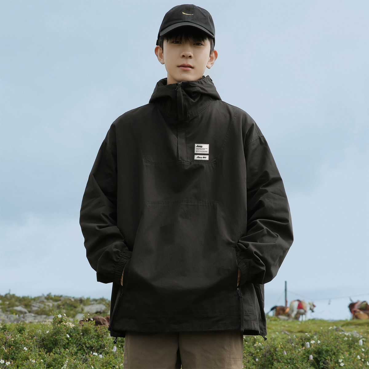 Jeep Lifestyle half-zip American-style pullover hoodie with letter brand logo print, outdoor pure cotton, vintage classic, commuter, long sleeve, loose, versatile American-style work sweatshirt, unisex