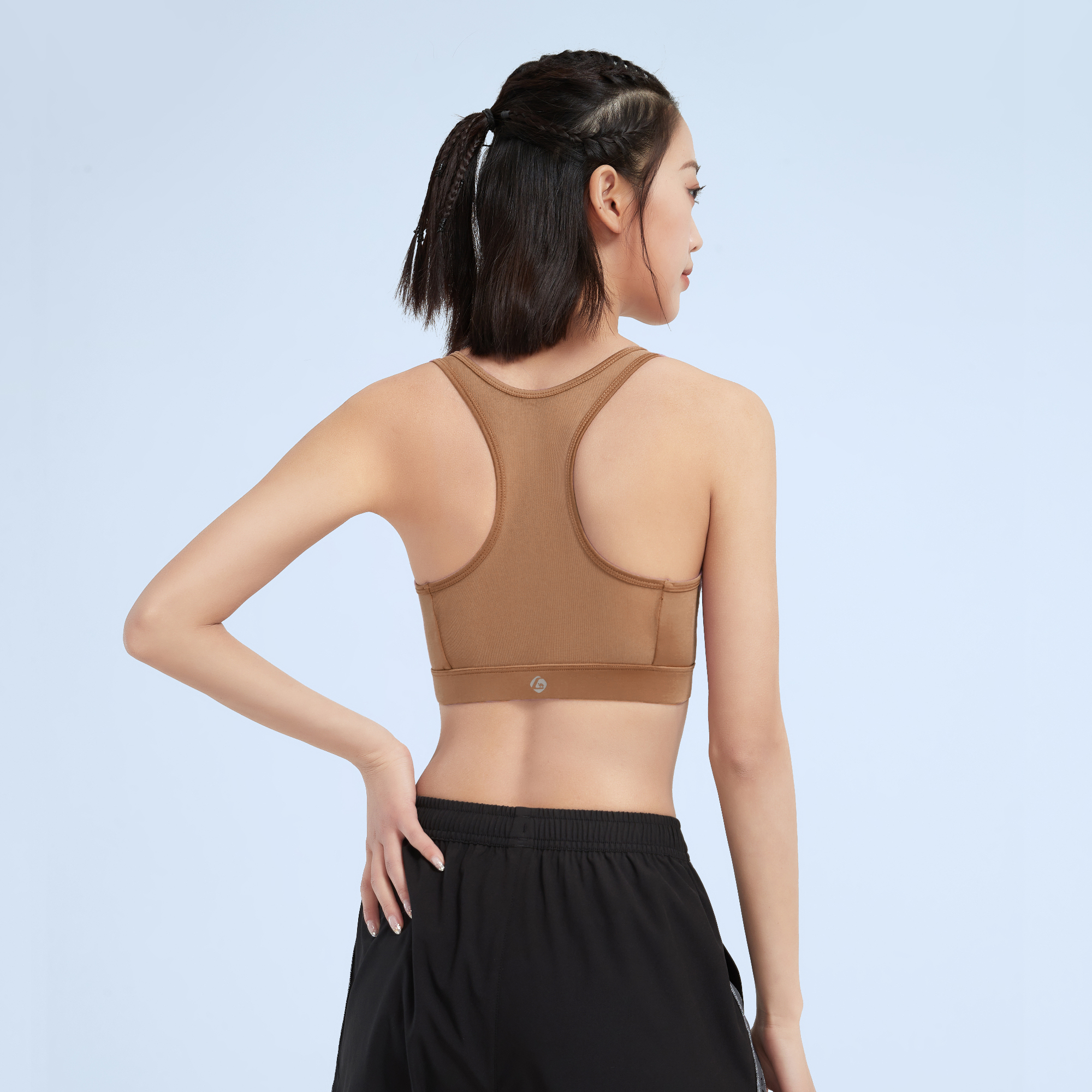 CAMEL Solid Color Yoga Training Breathable Gauze Front Zipper Body Shaping U Shaped Sports Underwear, Summer Women’s