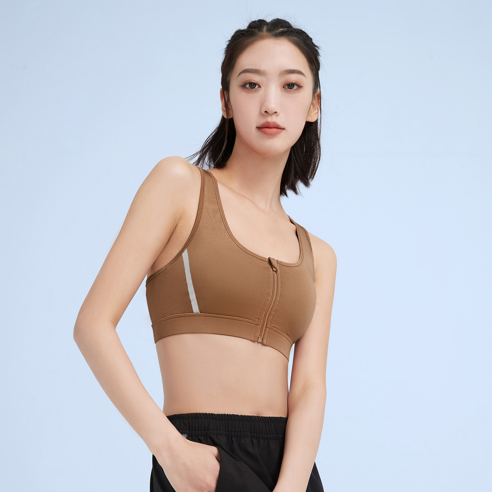 CAMEL Solid Color Yoga Training Breathable Gauze Front Zipper Body Shaping U Shaped Sports Underwear, Summer Women’s