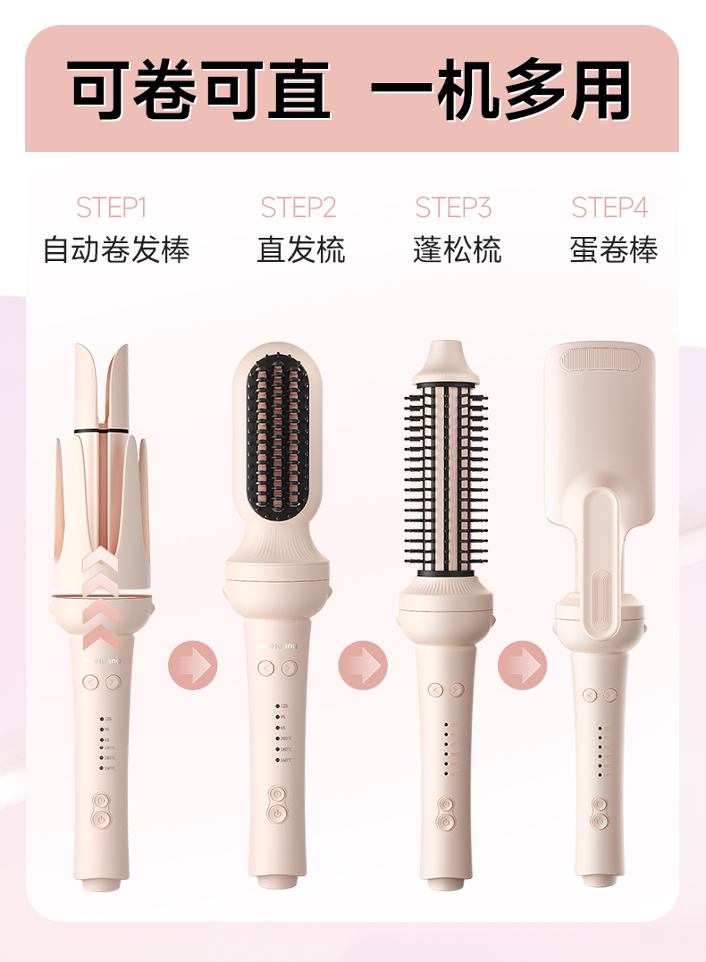 【Hong Kong Direct Mail】 Min Huang MH-399 Seven-in-One Replaceable Head Curling Iron, Pink * 1, 28/32/40mm Straightening Comb + Fine Curler + Egg Roll Curler + Corn Curler